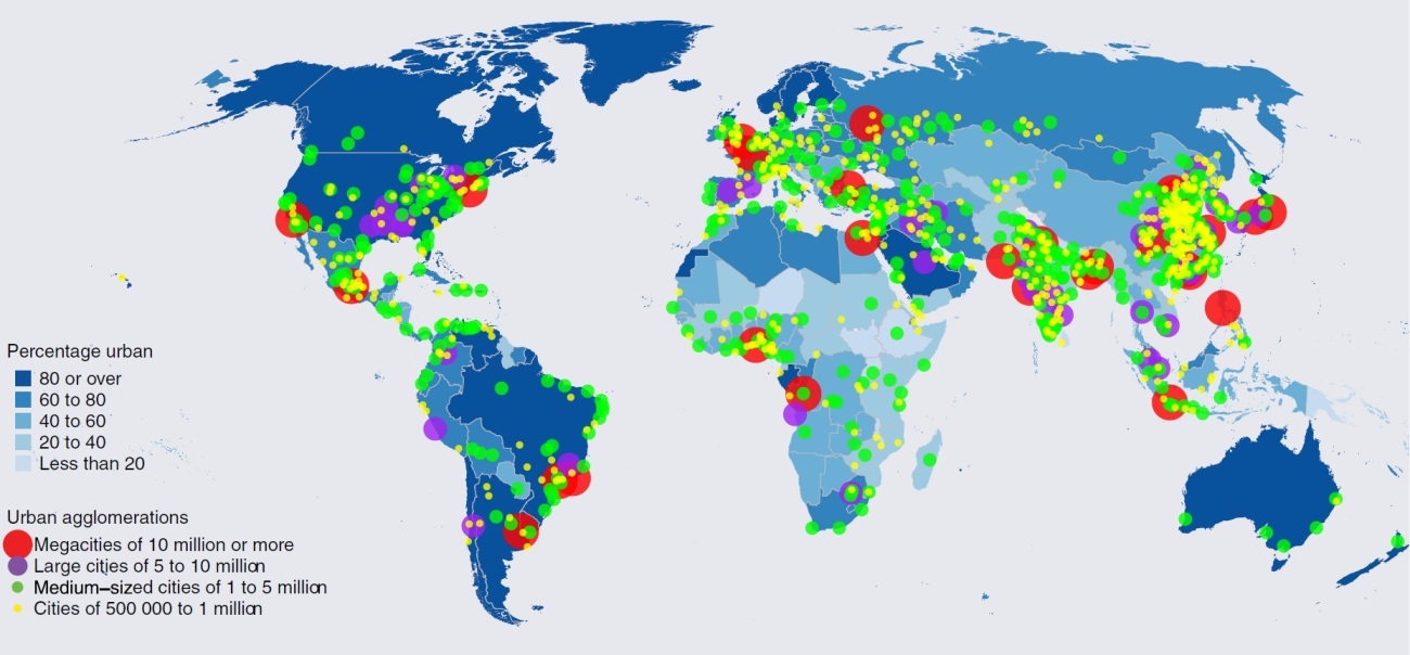 Percentage urban and location of urban agglomerations with at least 500,000 inhabitants, 2014